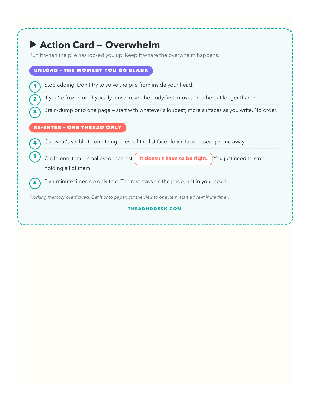 Overwhelm: printable ADHD action card for overload & shutdown — the step-by-step routine (page 2 of 2).